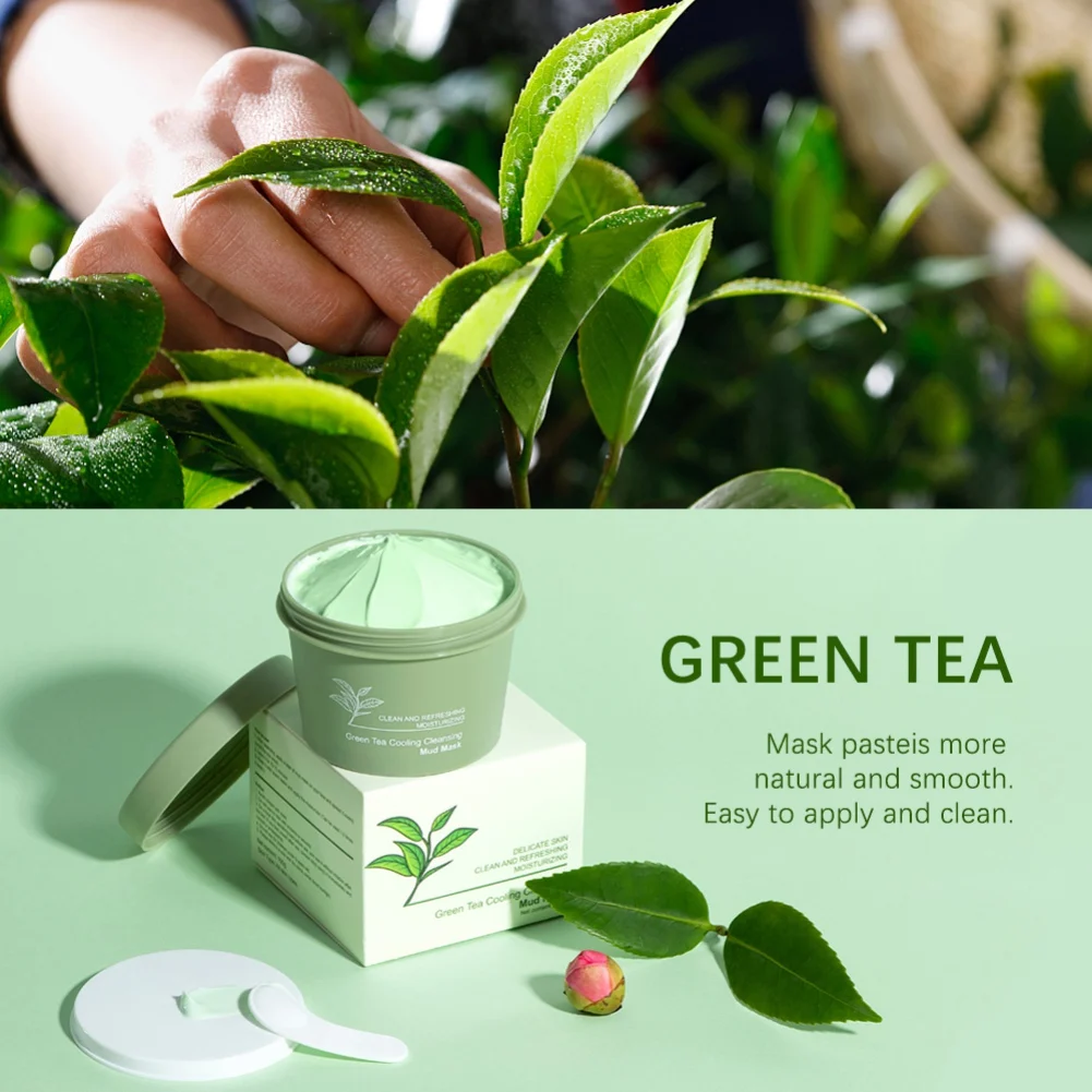 100g Green Tea Facial Mud Mask Remove Blackheads Oil Control Cooling Cleansing Acne Treatment Clay Moisturizing Purifying Care