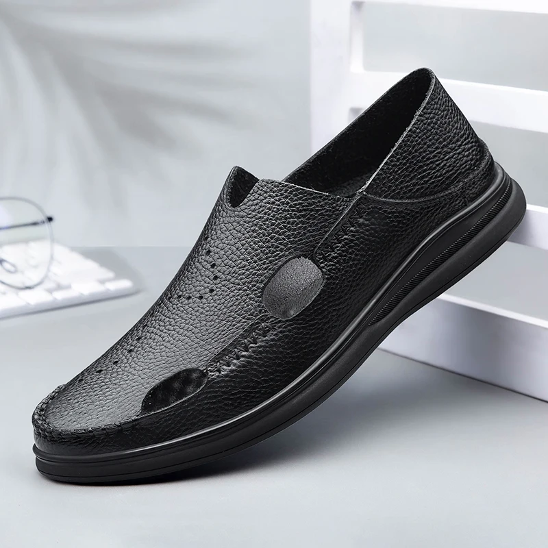 Summer Classic Black Hollow Out Leather Shoes Breathable and Comfortable Business Daily Hiking Shoes Middle Aged Casual Shoes