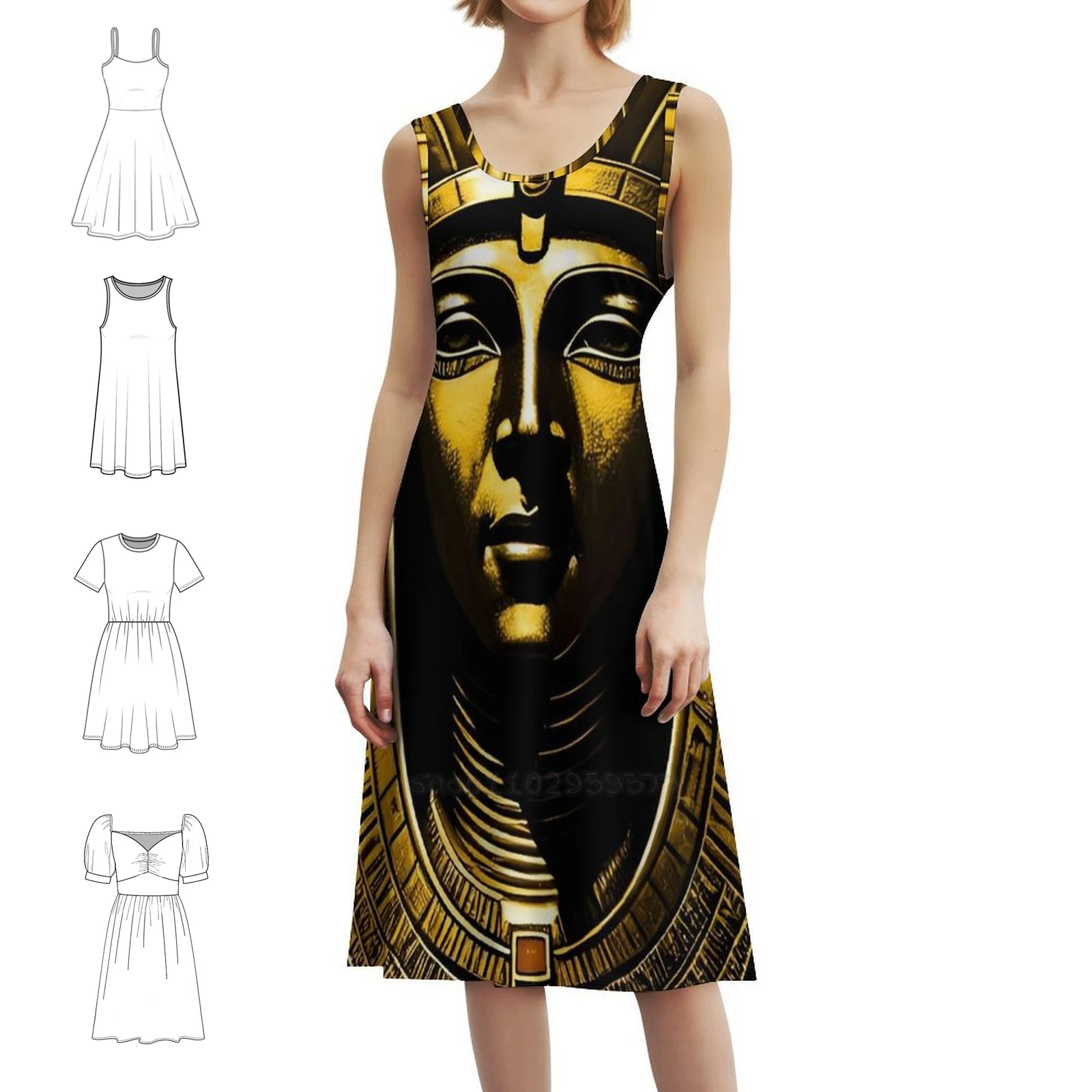 مصر خمر الفن # 4 فستان بوهيمي بدون أكمام متعدد الطباعات لحفلات العطلات على الشاطئ مصر عتيقة فن عتيق فن حديث #1