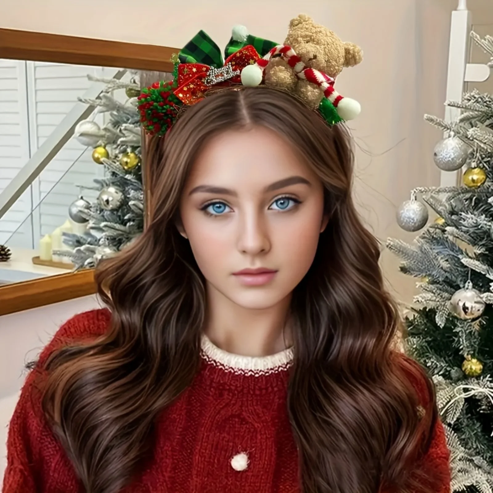 1 قطعة عيد الميلاد تيدي بير عقال ، أفخم سانتا قبعة وشاح تصميم ، احتفالي الأحمر الأخضر بوم بومس ، لطيف عيد الميلاد إكسسوارات الشعر للنساء