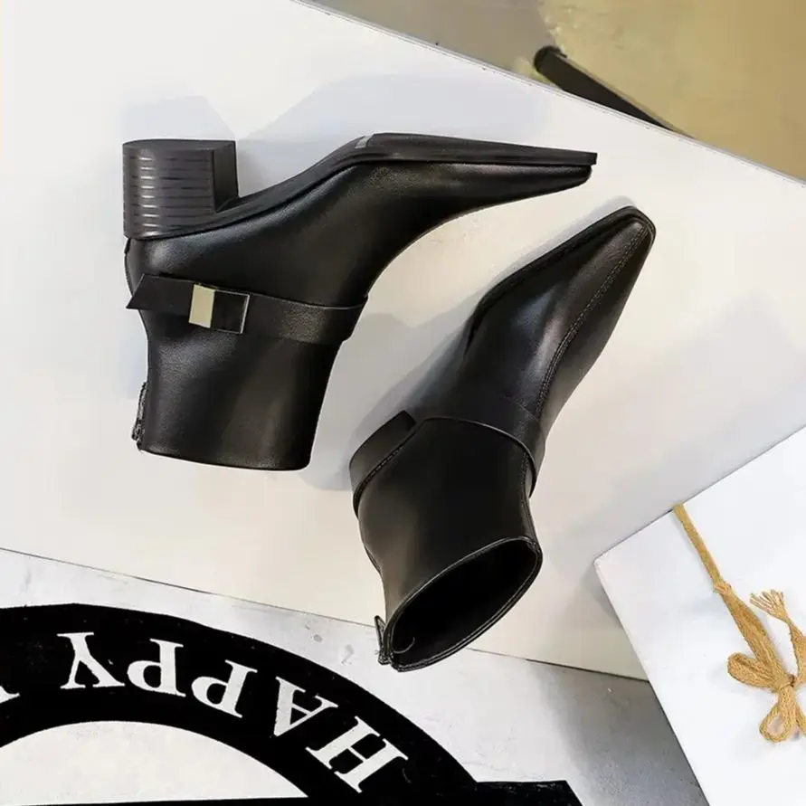 

BIGTREE осенне-зимние женские ботильоны, модные элегантные туфли с металлическим ремнем и пряжкой, туфли с острым носком, тонкие короткие ботильоны на низком каблуке