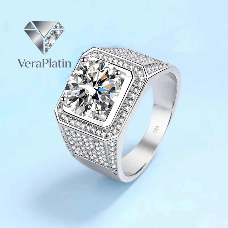 

VeraPlatin Engagement Men's 18K White Gold Wedding Band 5Carat Moissanite Diamond Men Rings Boyfriend Birthday Gift Husband Vale