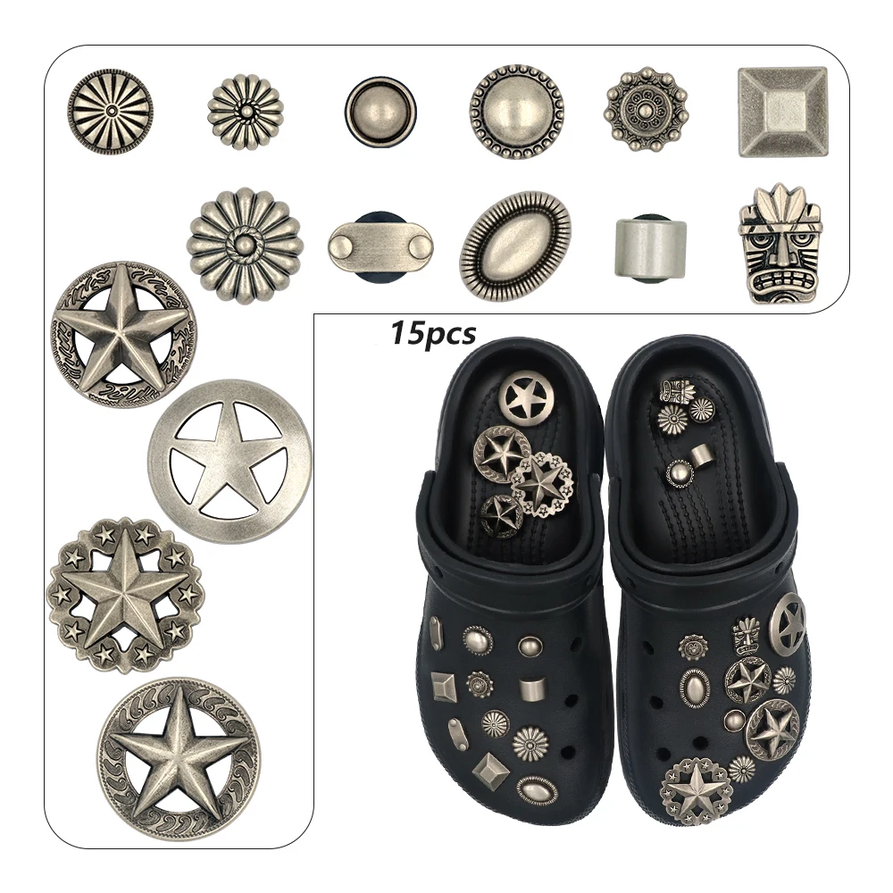 15Pcs Shoes Charms for Shoes Accessories Five-pointed Metal Star Badge Primitive Man Flower Silvery Hole Sandals Pin Ornament