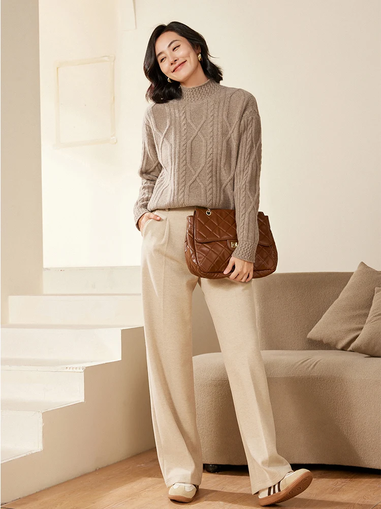 Women's Autumn Winter Mock Neck Pullover Cashmere Sweater Casual Loose Style 100% Merino Wool Knitwear Cable Knit Soft Warm Tops