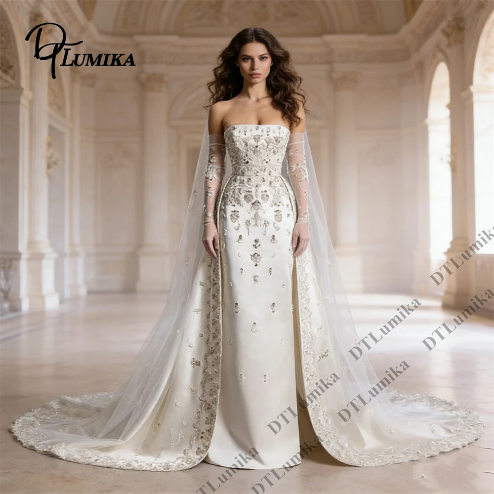 

DTLumika Crystals Embellished 2-Piece Wedding Dress Women Strapless Mermaid Bride Dresses Satin Train Customized Bride Dresses