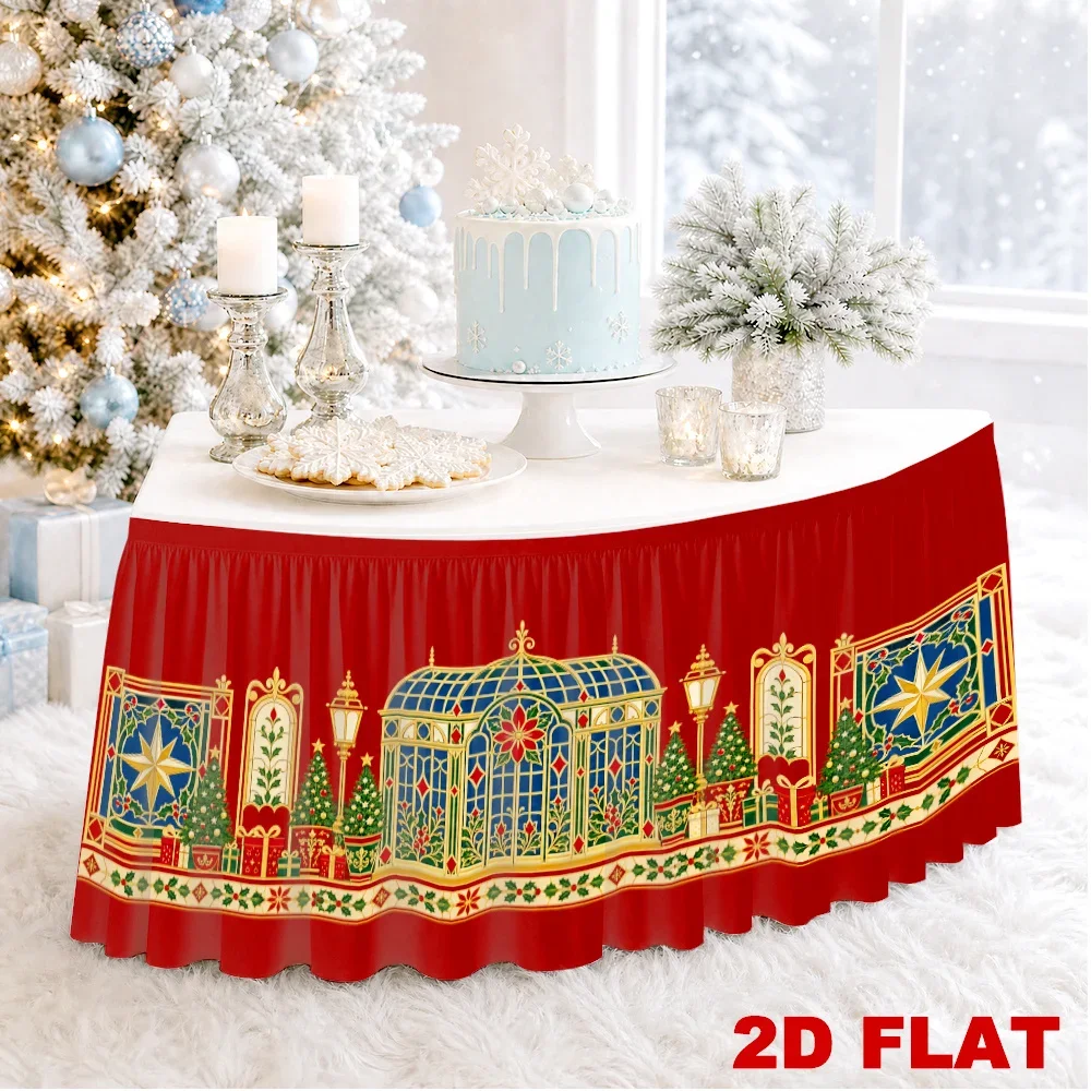 2D plane, a piece featuring a Christmas holiday red tablecloth with painted glass window design