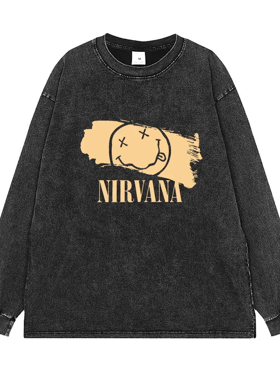 Washed Vintage American Street Rock Long Sleeve T-Shirt Grunge Style Youth Casual Breathable Cotton Comfortable Unisex Tee