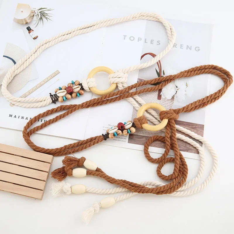 Trendy Wooden Buckle Twine Woven Belt for Woman Y2k Decorative Dress Bohemian Wind Waist Rope Beach Wind Summer New