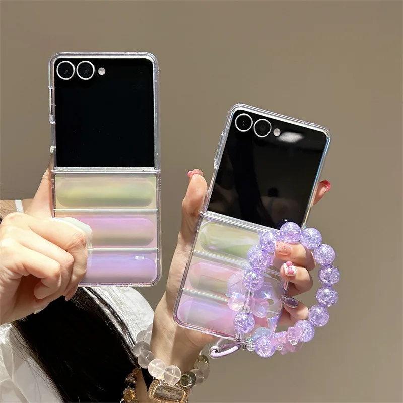 Luxury Gradient Laser Phone Case Wrist Chain Bracelet for Samsung Galaxy Z Flip 7 6 5 3 4 ZFlip7 ZFlip6 Shockproof Hard Cover