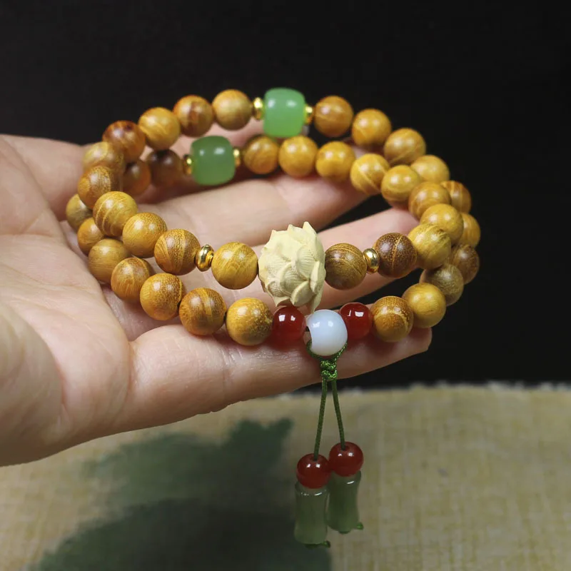 Golden Sandalwood Chinese Style 8mm Double Circle Lotus Flower Bracelet, Bamboo Joint Bead Bracelet, Buddhist Beads, Wooden Orna