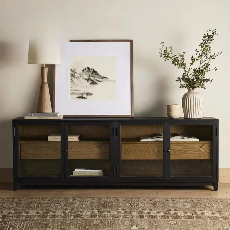 Living Room Furniture Solid Wood Sideboards Oak Black 4-door TV Cabinet Media Console Buffet Side Cabinet Custom