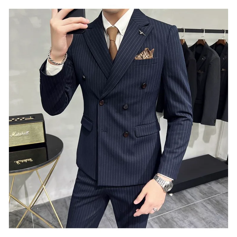 Terno listrado de fenda dupla masculino jovem fino estilo coreano terno casual na moda vestido de casamento do noivo