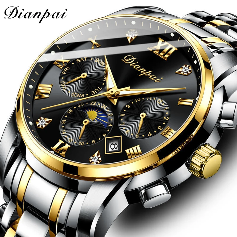 Dianpai calendário de três olhos e seis agulhas pulseira de aço inoxidável relógio mecânico automático luminoso relógio masculino da moda