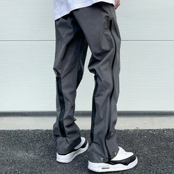 Retro Hip Hop Drawstring Back Zipper Breathable Casual Trousers Mens Straight Solid Color Vibe Style Oversized Track Pants