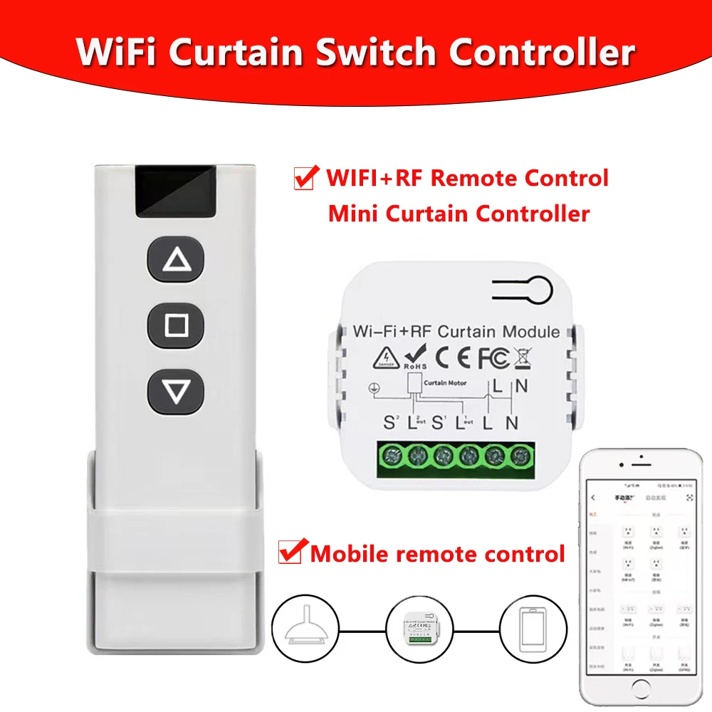Smart Home WiFi Curtain Switch On/Off Controller, Tuya App Timer, Voice, Tubular Motor Controller for Lighting Fixtures
