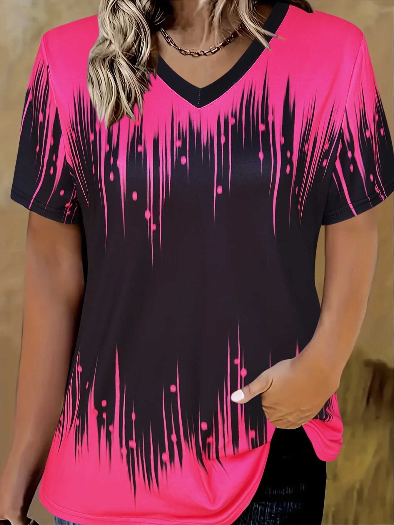 T-shirt da donna estiva casual elegante scollo a V a maniche corte top sfumato allentato abbigliamento casual T-shirt da donna Y2K