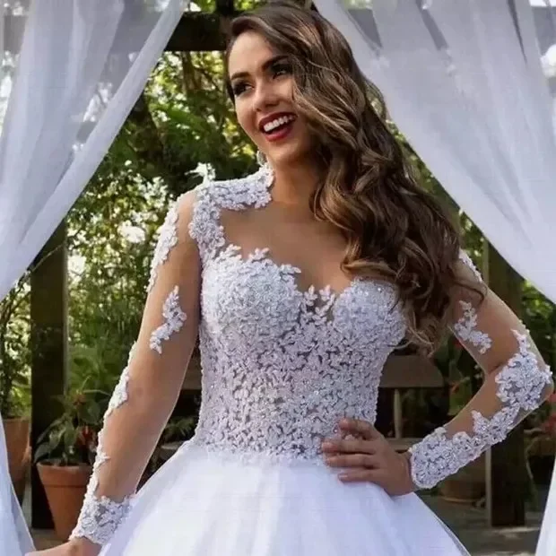 Robe de mariée romantique personnalisée, avec des appliques de mariage, manches longues, ceintures en dentelle perlée, bijou haut, dos transparent, robe de bal, printemps