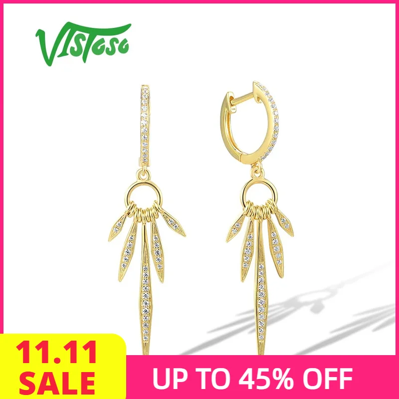 

VISTOSO Pure 14K 585 Yellow Gold Loop Earrings For Women Sparkling Diamond Long Geometric Wedding Anniversary Fine Jewelry