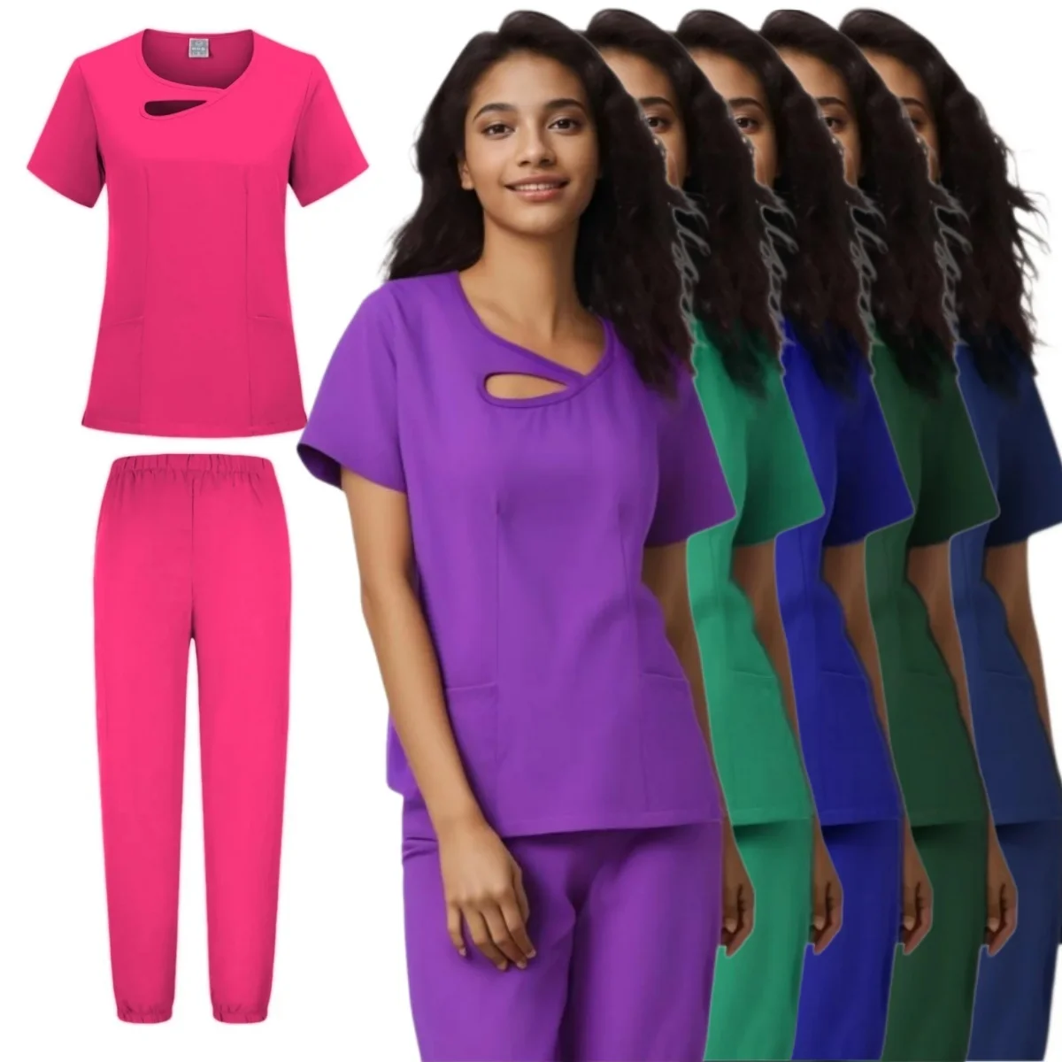 Spandex e Stretch Uniformes Médicos para Mulheres, Conjunto de Enfermagem Hospitalar, Uniforme de Enfermeira, Fit Scrubs, Novo Design