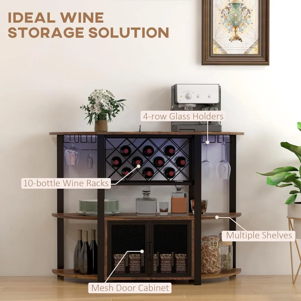 Industrial-Style Liquor Cabinet with Charging Station, LED Lights, and 10-Bottle Wine Rack for Home Bar Stand