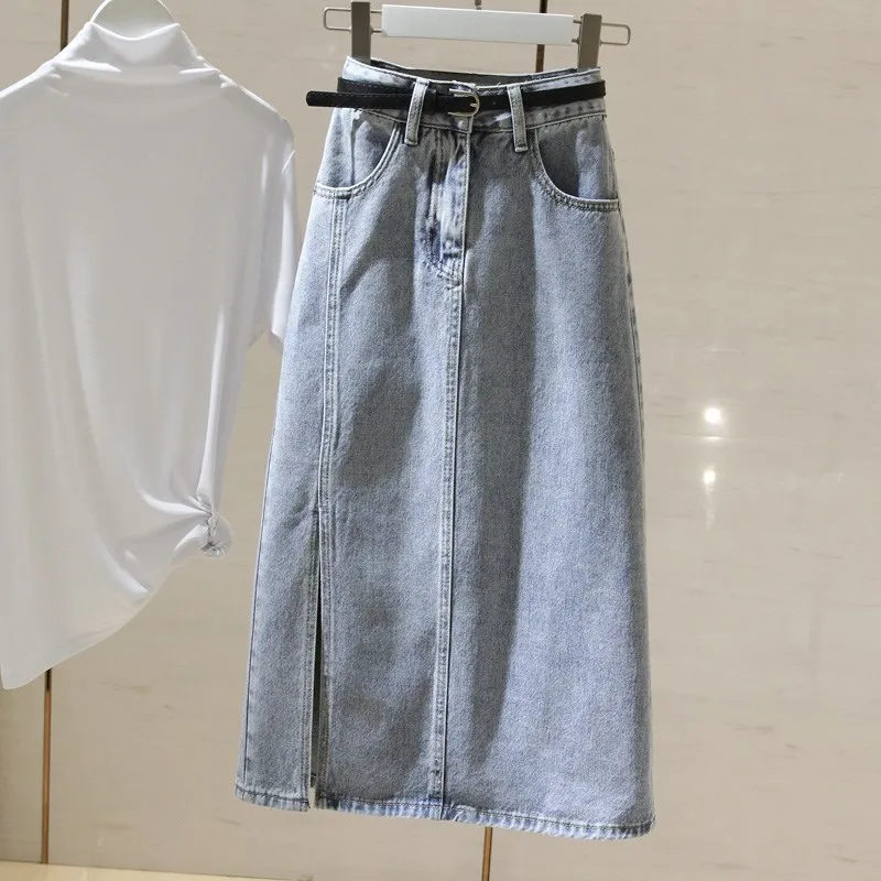 

Versatile Chic Light Blue High Waist Denim Skirt Women Midi A-Line Bodycon Slit Slim Fit Stretch Cotton Casual Elegant New Style