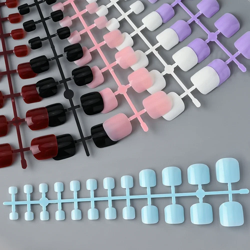 144pcs Mixed Color Short Square False Toe Nails Wine Red, Balck, White, Pink, Blue Press On Toenails Summer Glossy Fake Toe Tips