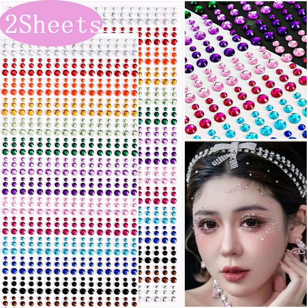 2Sheets Rainbow Colorful Makeup Diamond Face Stickers Sparkling Rhinestone 3D Jewelry Sticker Eye Face Gem Makeup Tattoo Sticker