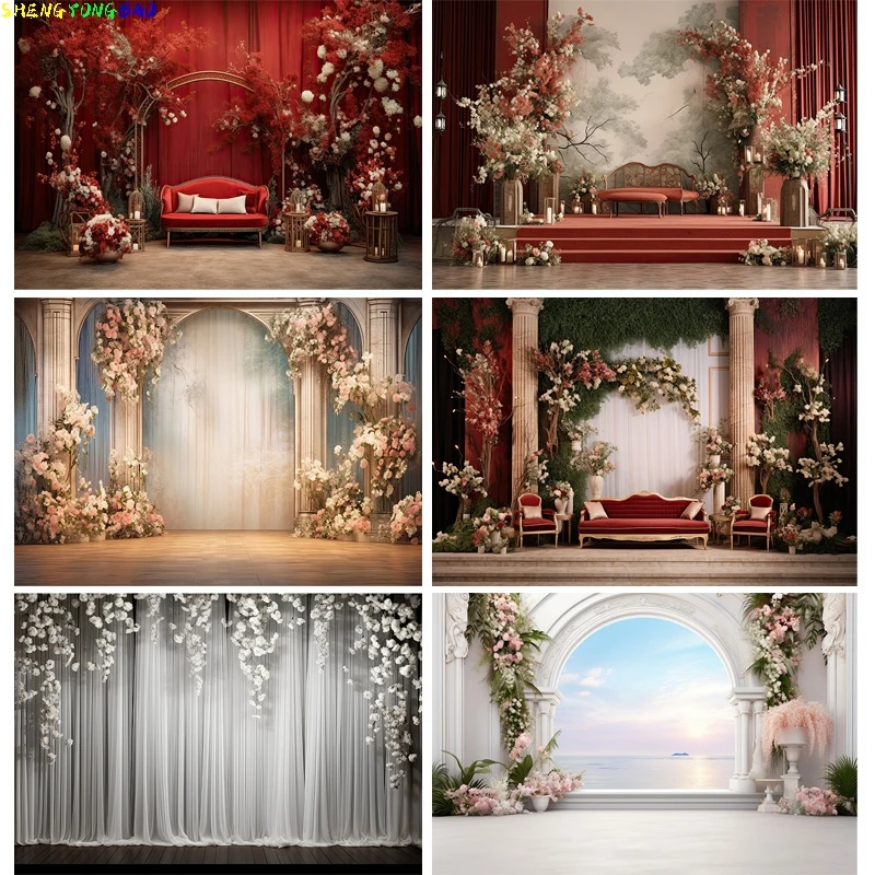 

Fantasy Wedding Stage Photography Backdrops Flower Arch Background Banner Interior Curtain Decorated Photo Studio Props SG-06