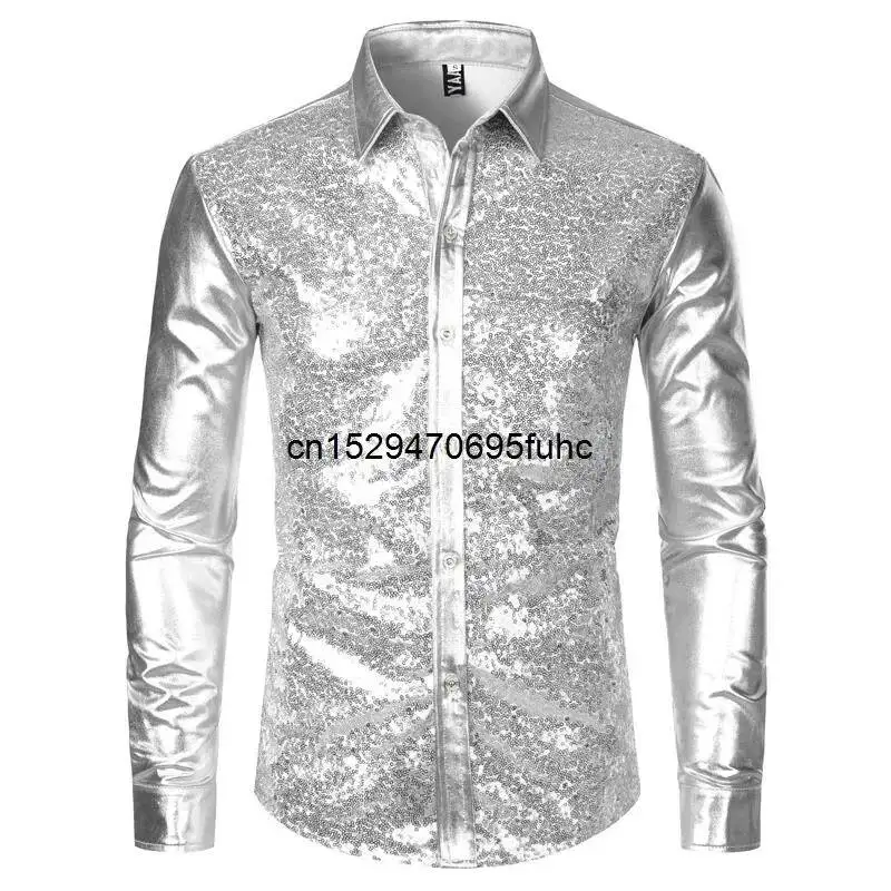 

Glitter Silver Metallic Shirt Sequins Men 2023 New 70's Disco Party Halloween Costume Chemise Homme Stage Performance Shirt Male