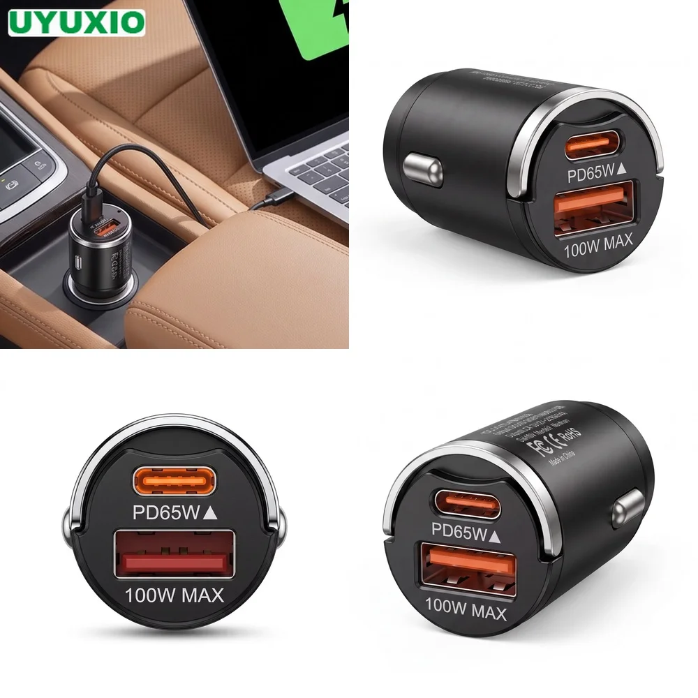 165W Travel Car Charger USB C 65W and USB A 100W Dual Charging for Phones Tablets and Laptops Heat Resistant Zinc Alloy Body