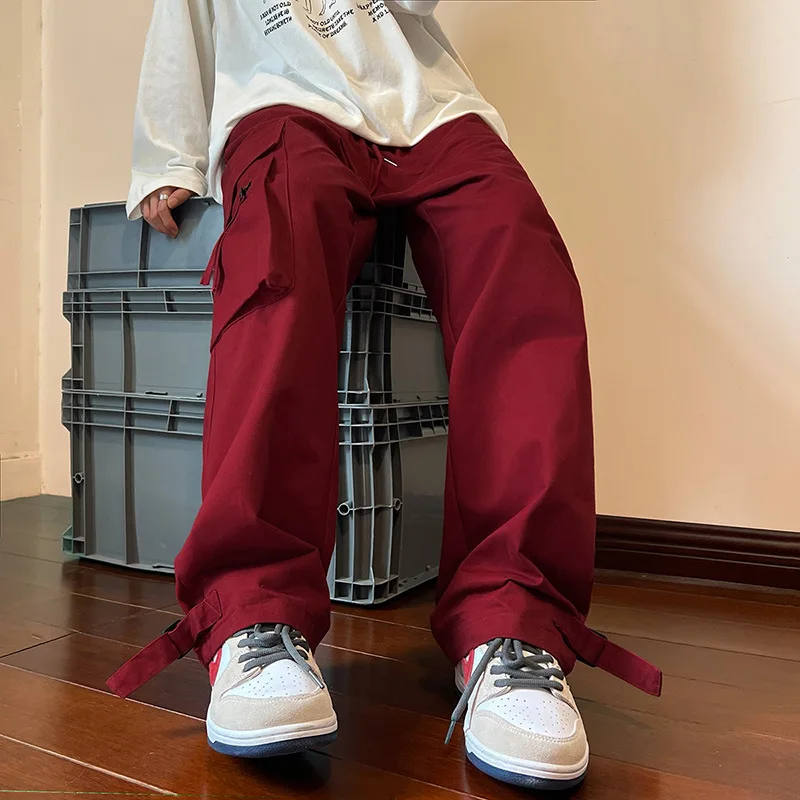 Men\'s Clothing Cargo Pants Jogger Work Wear Man Pants New Y2k Wine Red Spring Casual Loose Straight Leg Wide Leg Men Trousers