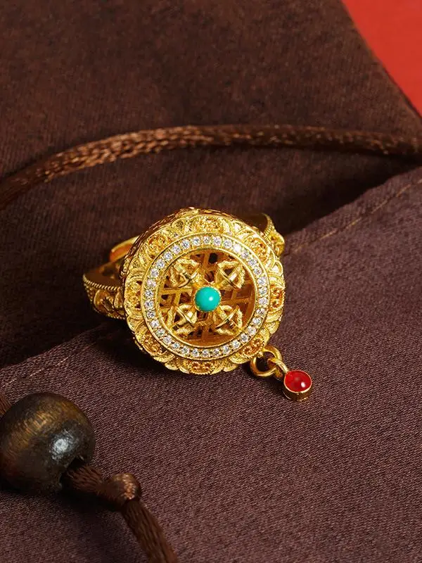 

Retro Sand Gold Ring with Diamond Embedding Female Index Finger Ring Vintage Jewelry Style Cross Vajra Compass Design