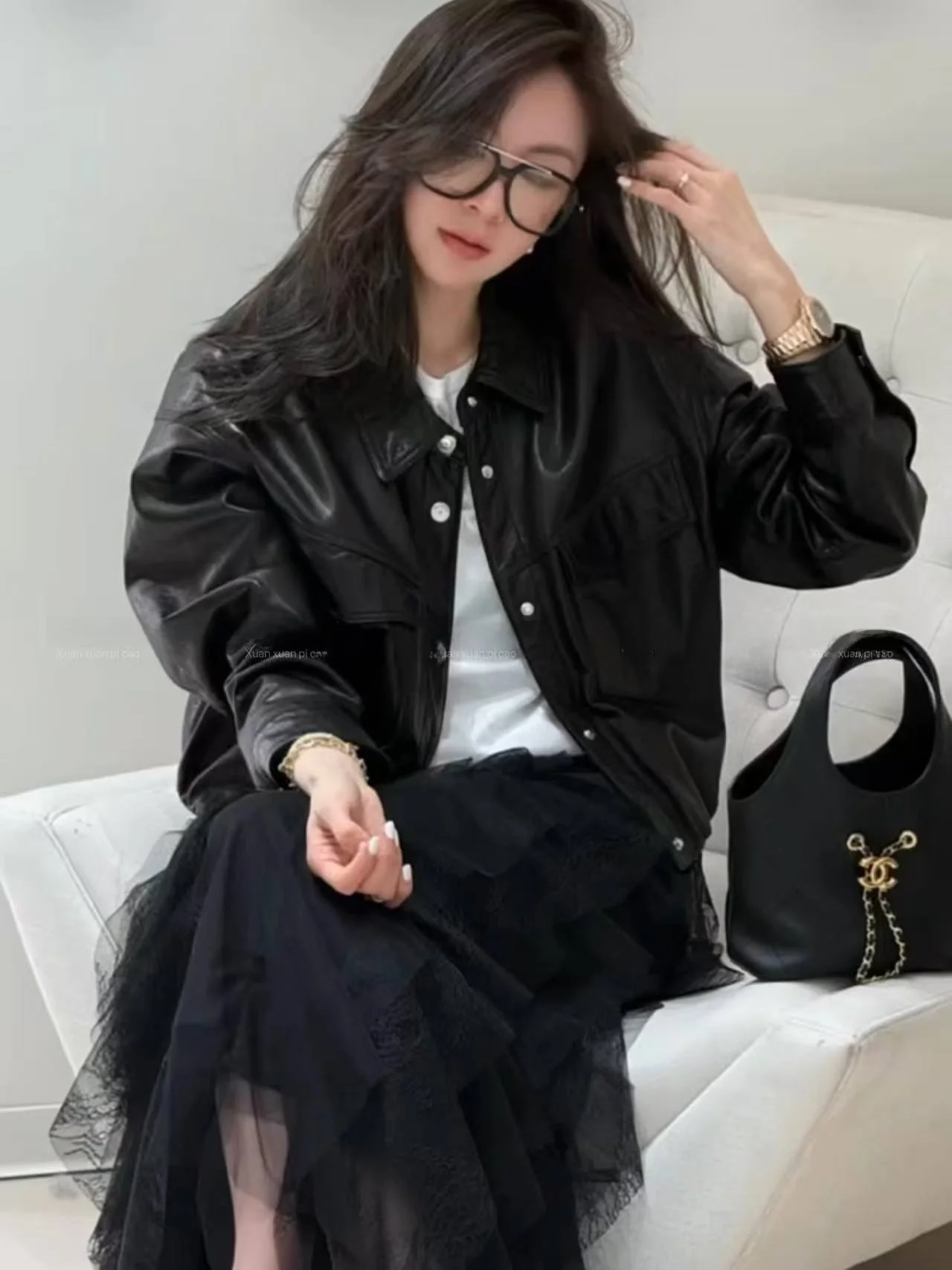 

Весна 2026: Винтажная кожаная куртка-косуха свободного кроя в гонконгском стиле для женщин, с воротником-стойкой, на молнии, из овчины