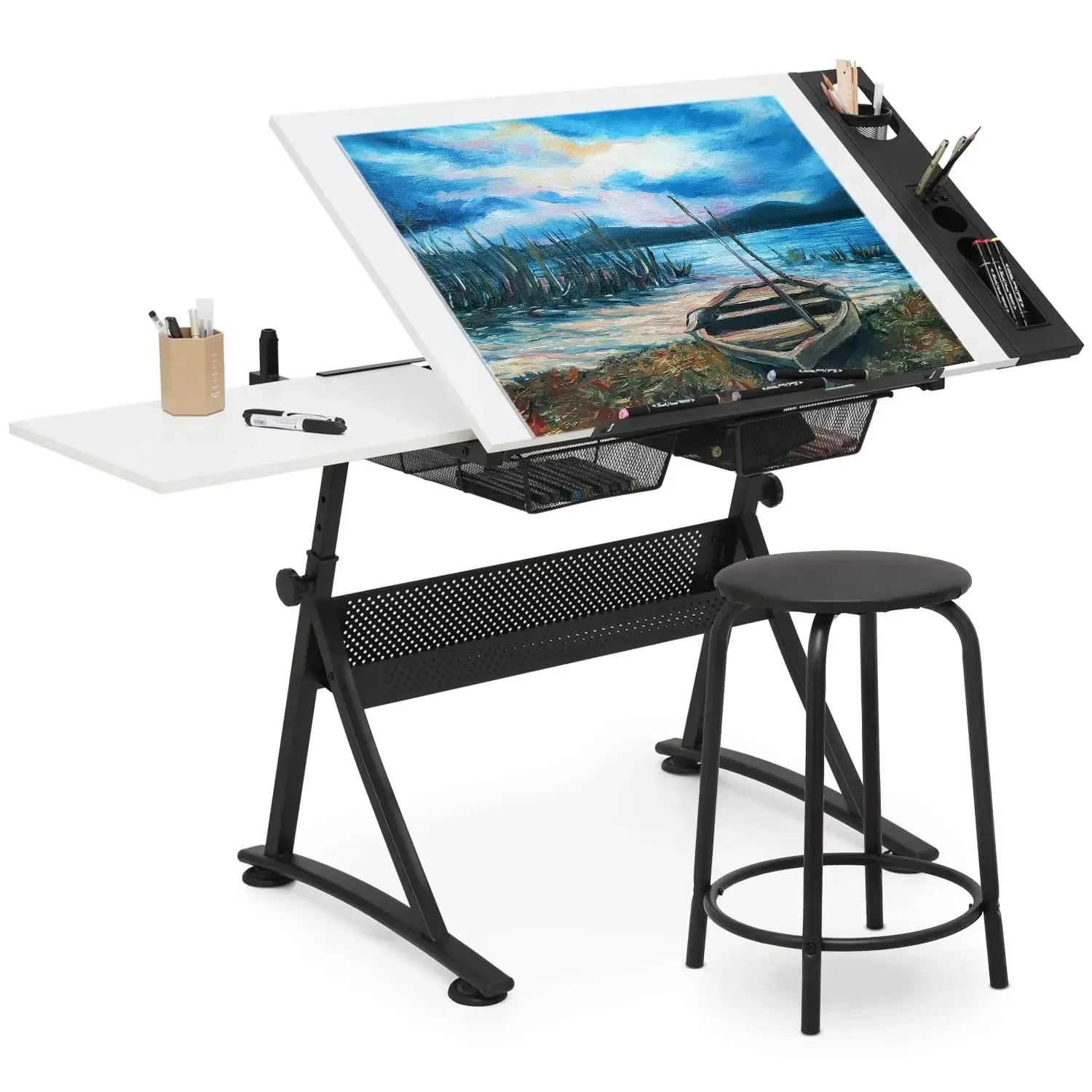 39‘’ Adjustable Drafting Table & Stool Set with Storage, Natural | Versatile Art Desk and Craft Center Home Study Room