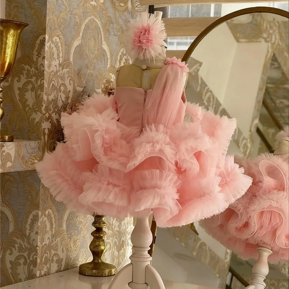 

Customized Flower Girl Dress For Wedding Appliques One Shoulder Layered Puffy Kids Birthday Party First Communion Ball Gown