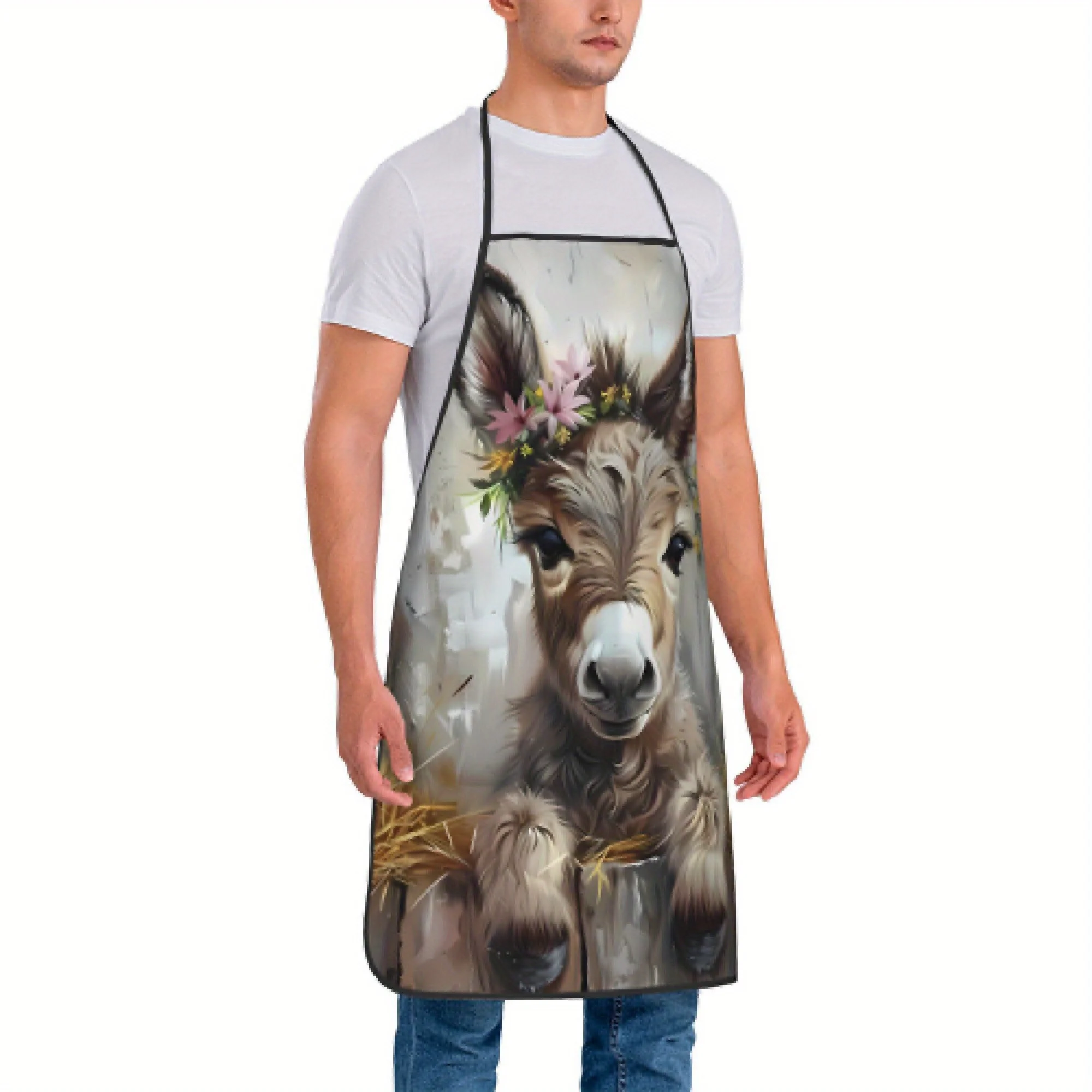 Rustic Charm Donkey Print Apron for Men& Women- Durable 100% Polyester, Vintage Style with Floral& Animal Design, Easy-Care Hand