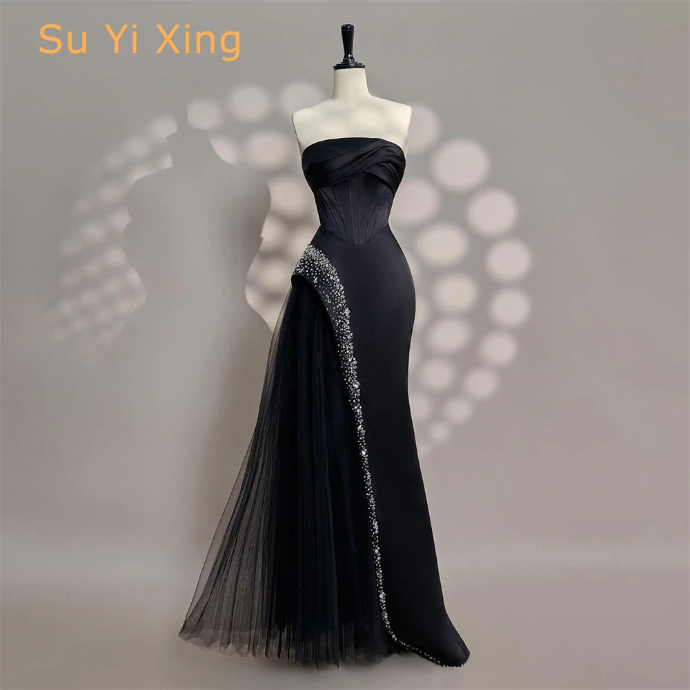 فستان سهرة فاخر من الساتان الأسود بتصميم حورية البحر مخصص بدون حمالات بدون أكمام للحفلات الراقصة بطول الأرض