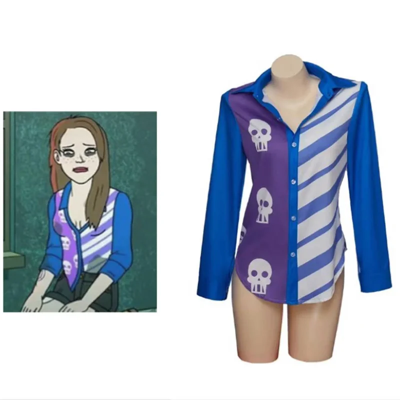 

Sarah Lynn Cosplay Costume Women Blue Print Shirt Casual Long Sleeves Top Halloween Outfit