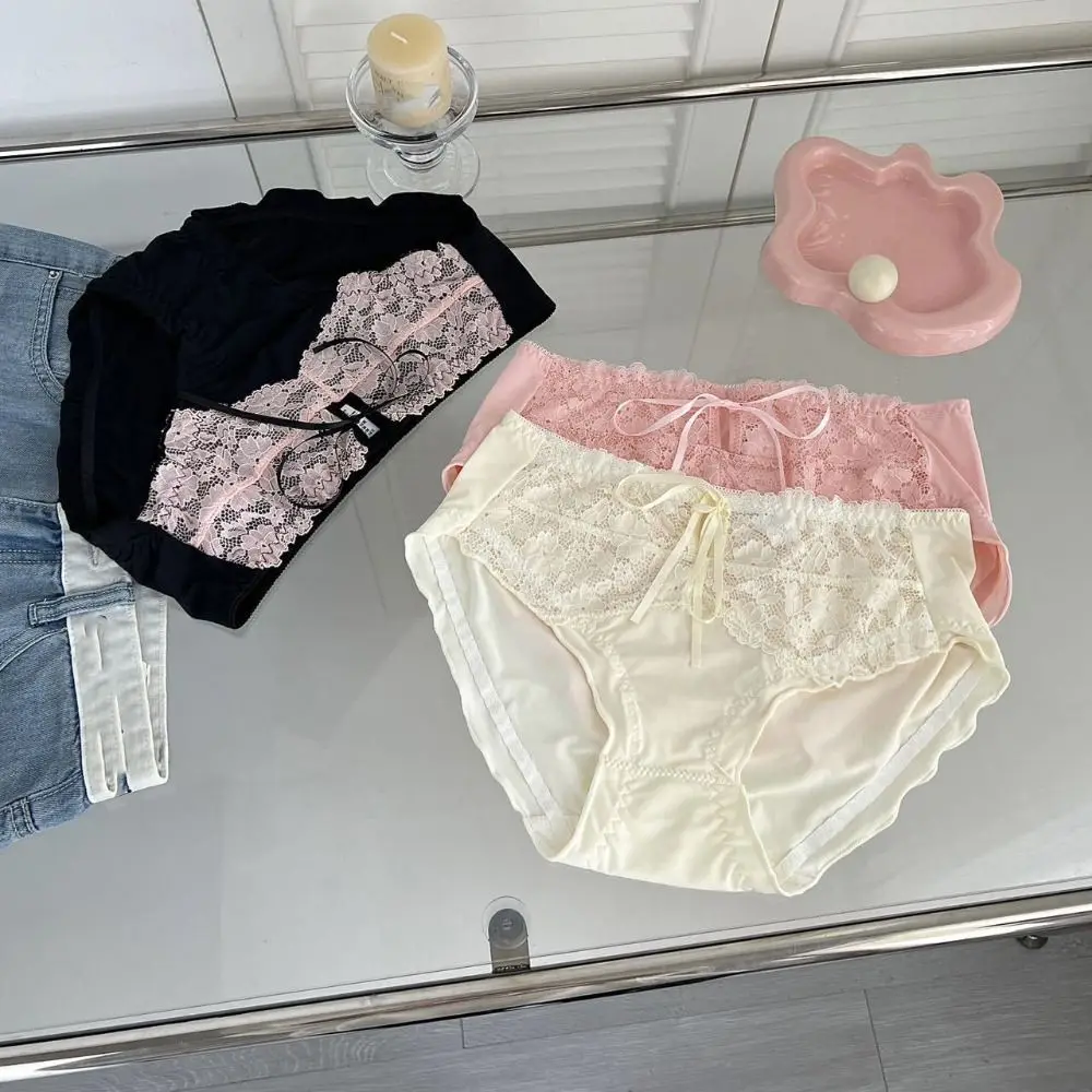 

3Pcs Simple Mesh Lace Bowknot Panties Ruffle Mid Waist Sweet Briefs Underpants Cotton Crotch Underwear for Women Girl