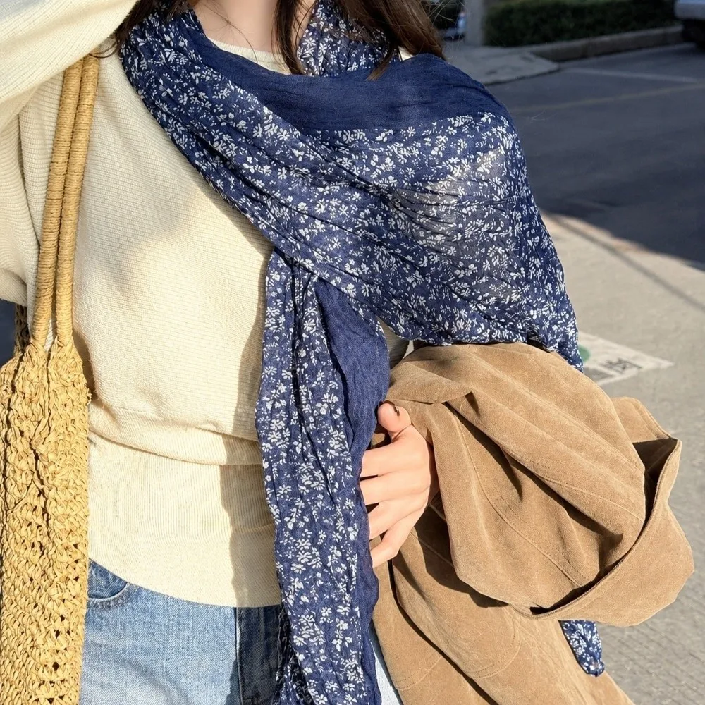 Multi-purpose Flower Printed Pleated Scarf Color Block Yarn Neck Wrap Large Size Polyester Neck Warmer Spring