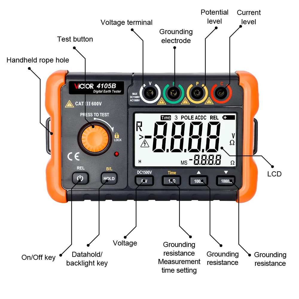 Imagem -02 - Victor Digital Terra Tester Medidor de Resistência ao Solo Display Lcd Alta Precisão Instrumentos Elétricos Estilo Moda 1500v 4105b