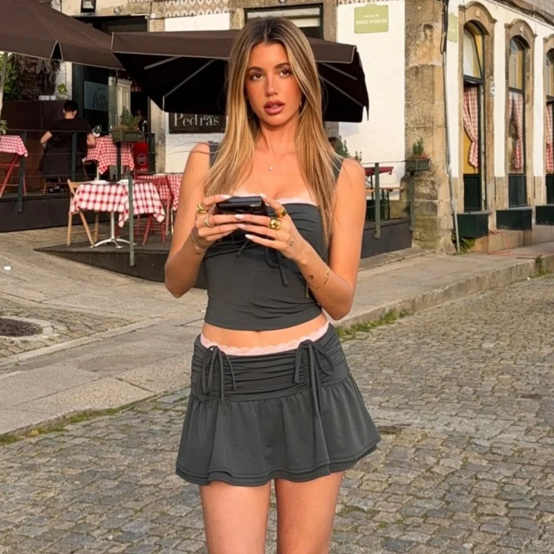 

2025 Summer Women's Fashion European and American Style Hot Girl Strap Ruched Top Skirt Set