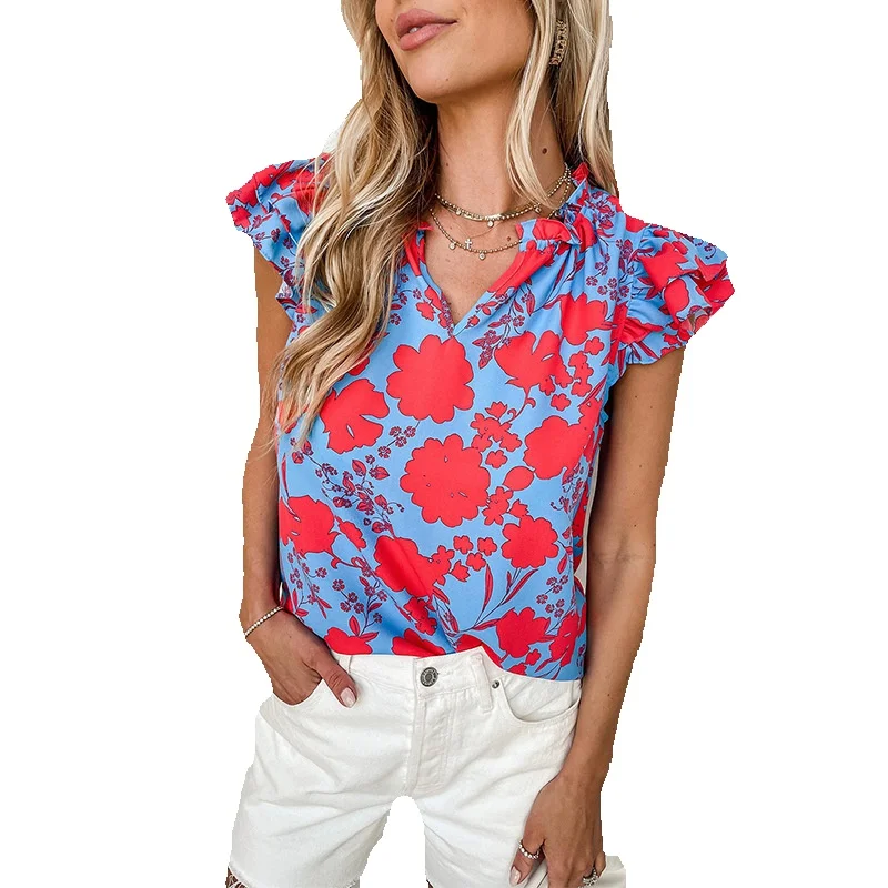 

Casual And Versatile Floral Printed Chiffon Shirt For In Summer, Thin Sleeved V-Neck, Straight Tube, Short Top