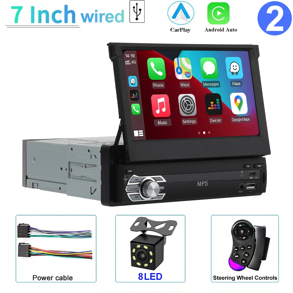 Universele 1 Din MP5-speler 7 inch Carplay Android Auto Handleiding Automatisch intrekbaar touchscreen Autospeler FM-radio Spiegellink
