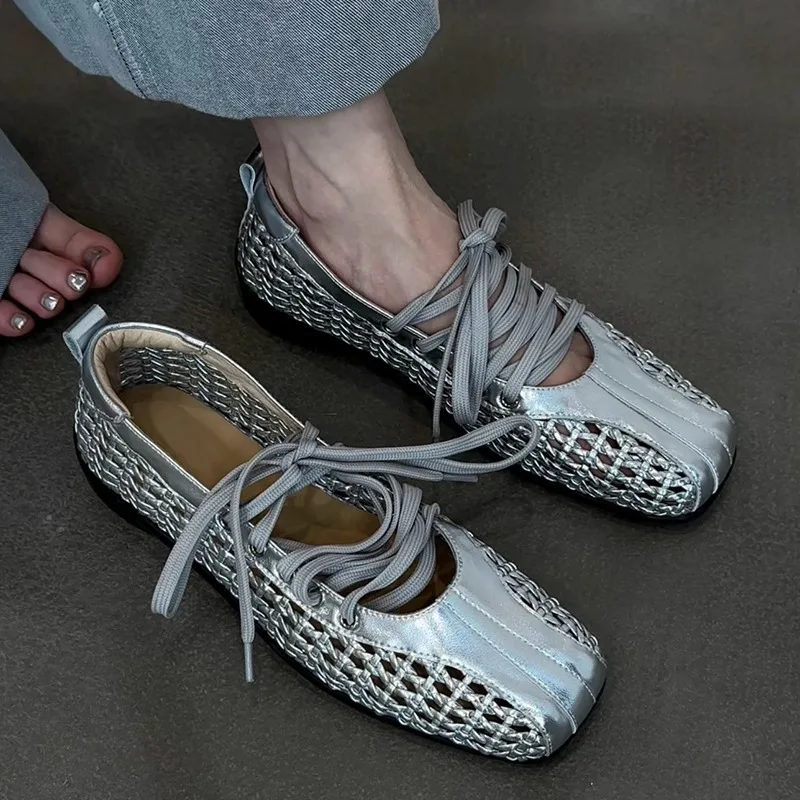Women's Ballet Shoes Flats Designer Casual Shoes Square Toe Mesh Sport Shoes Lace Up Fashion Sneakers Comfoer Single Shoes
