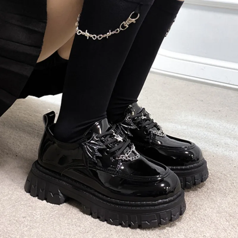 Women\'s Thick-soled Shoes Punk Style Fashion Metal Decoration Black Single Shoes Autumn New Devil Bat Wings Gothic Women\'s Shoes