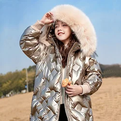 Girls Glossy Fur Collar Jackets Children Thicken Solid Colour Outerwear Kids Trends Hooded Coats Winter Warm Fashion Parkas