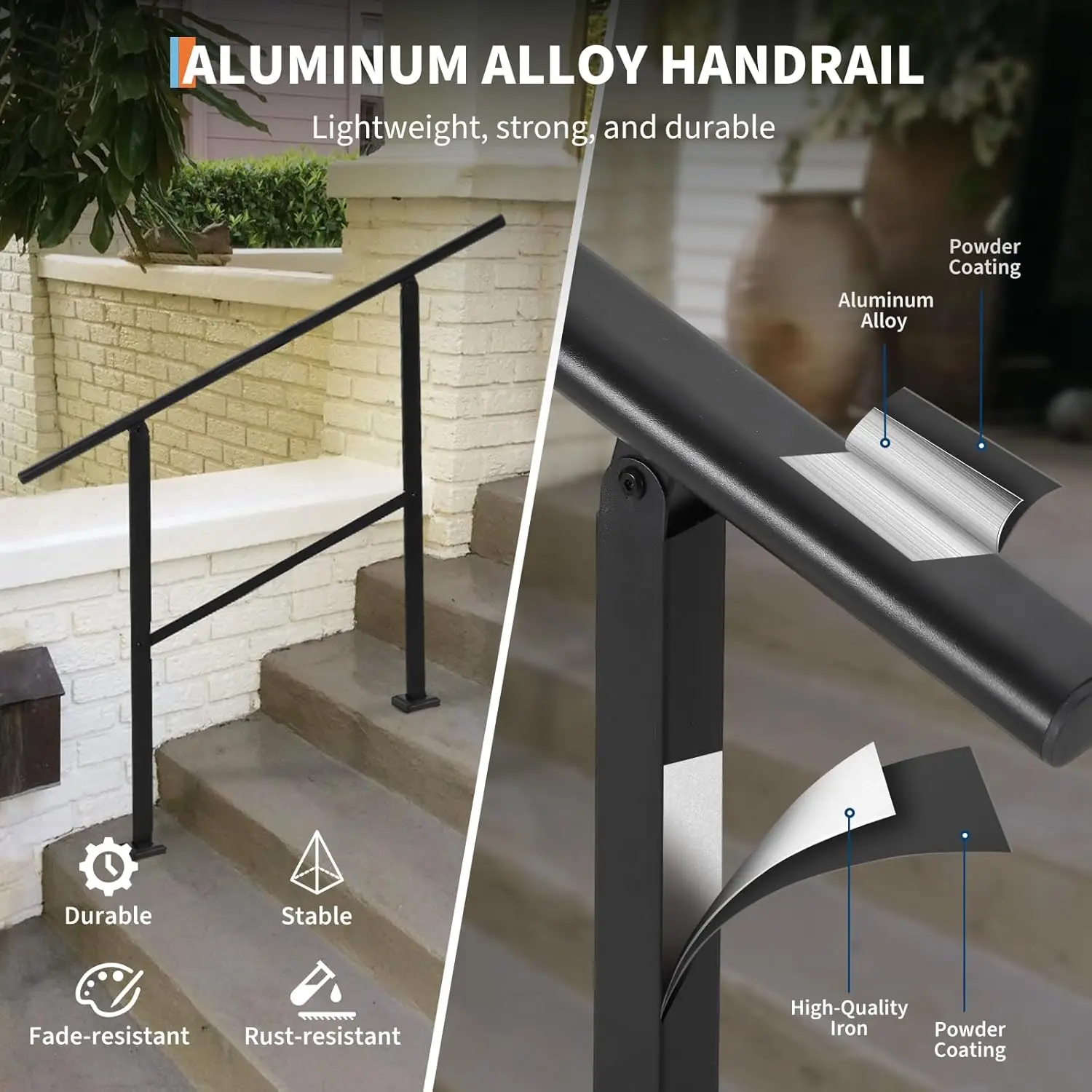 1PC Hand Rails for Outdoor Steps, Adjustable Handrail & Indoor Stair Railing Kit Metal Porch Stair Railing for Porch Deck Garden