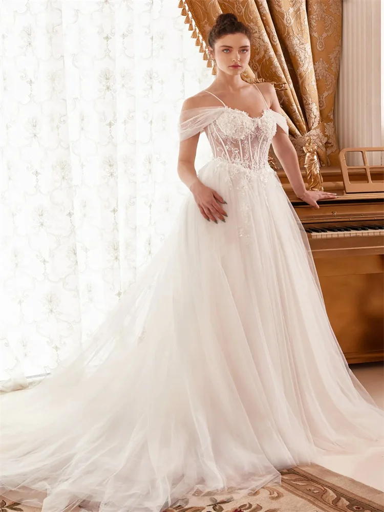 A-line eleganti abiti da sposa senza maniche Off-The-spalla pizzo Tulle lunghezza del pavimento abito da sposa Applique abito da sposa per le donne