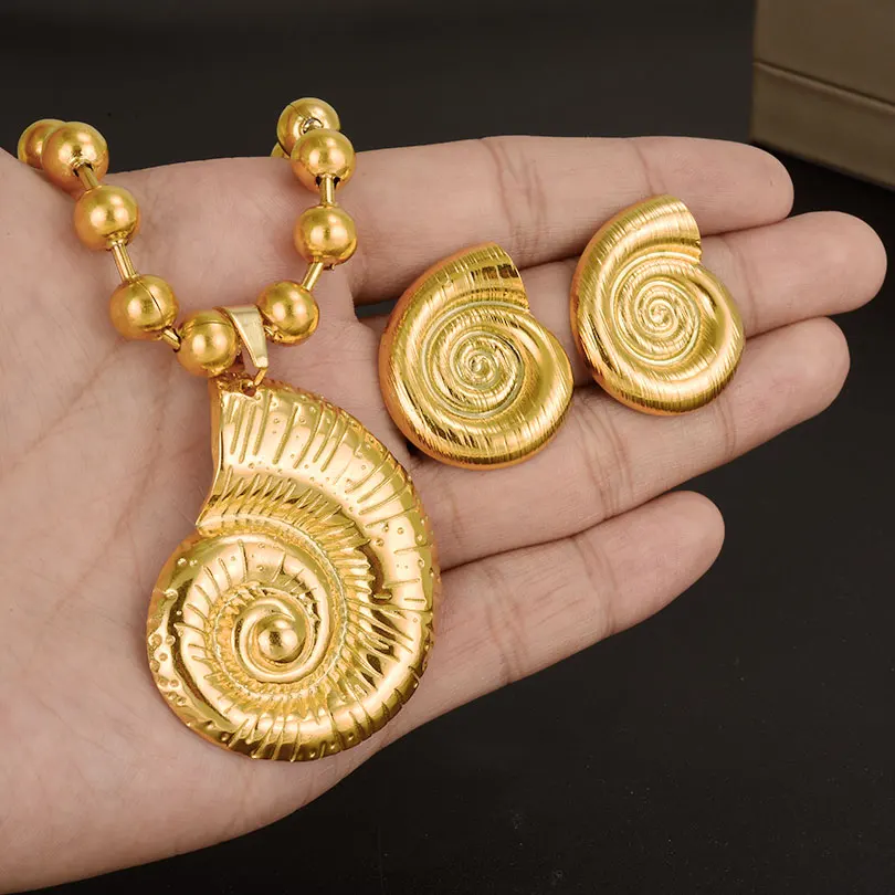 1Pcs Stainless Steel Big Textured Conch Big Stud Earrings Distinctive 18k Gold Color Necklace/Ring For Women Punk Accessory Set